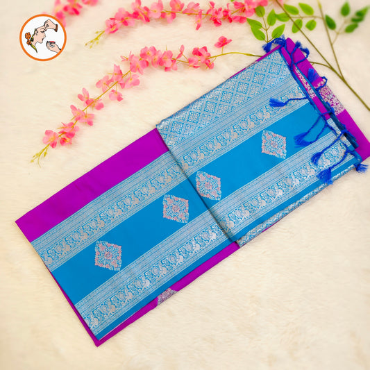 Purple with Sky Blue border Soft Silk Saree
