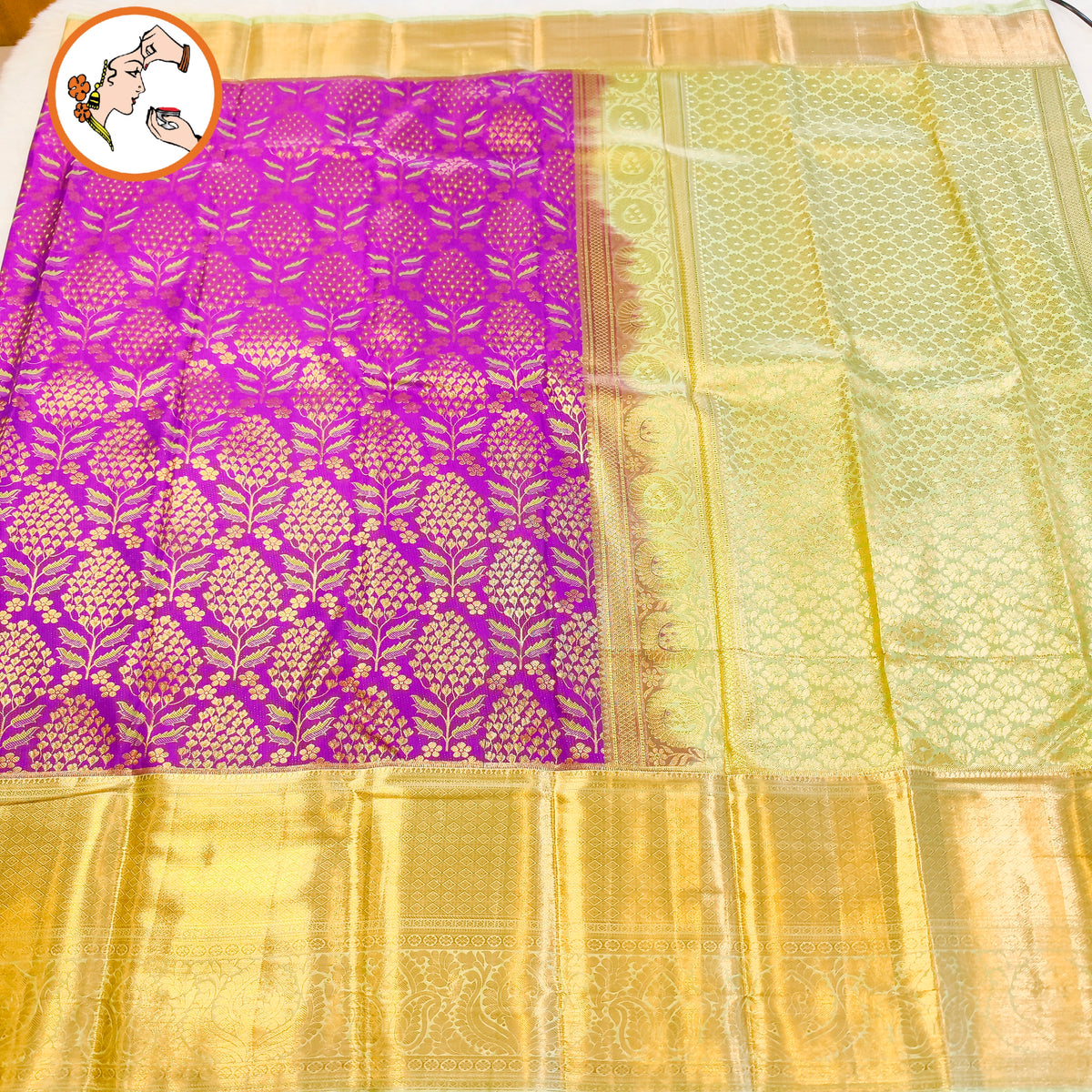 Purple with Pista Green border gold zari Meenakari weaving Kanchipuram Mix Silk Saree