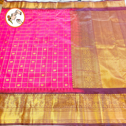 Dark Pink with Brown Temple border Gold zari weaving Traditional Kattam Mango butta Kanchipuram Mix Silk Saree