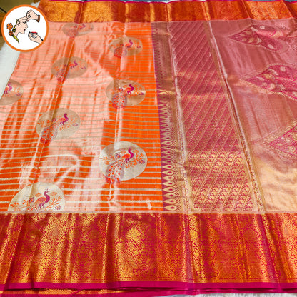 Peach with Magenta Pink border Peacock motif High Tissue Kanchipuram Silk Saree