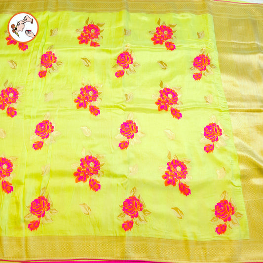 Lime Green floral Half Saree Banarasi Style Silk Designer Saree