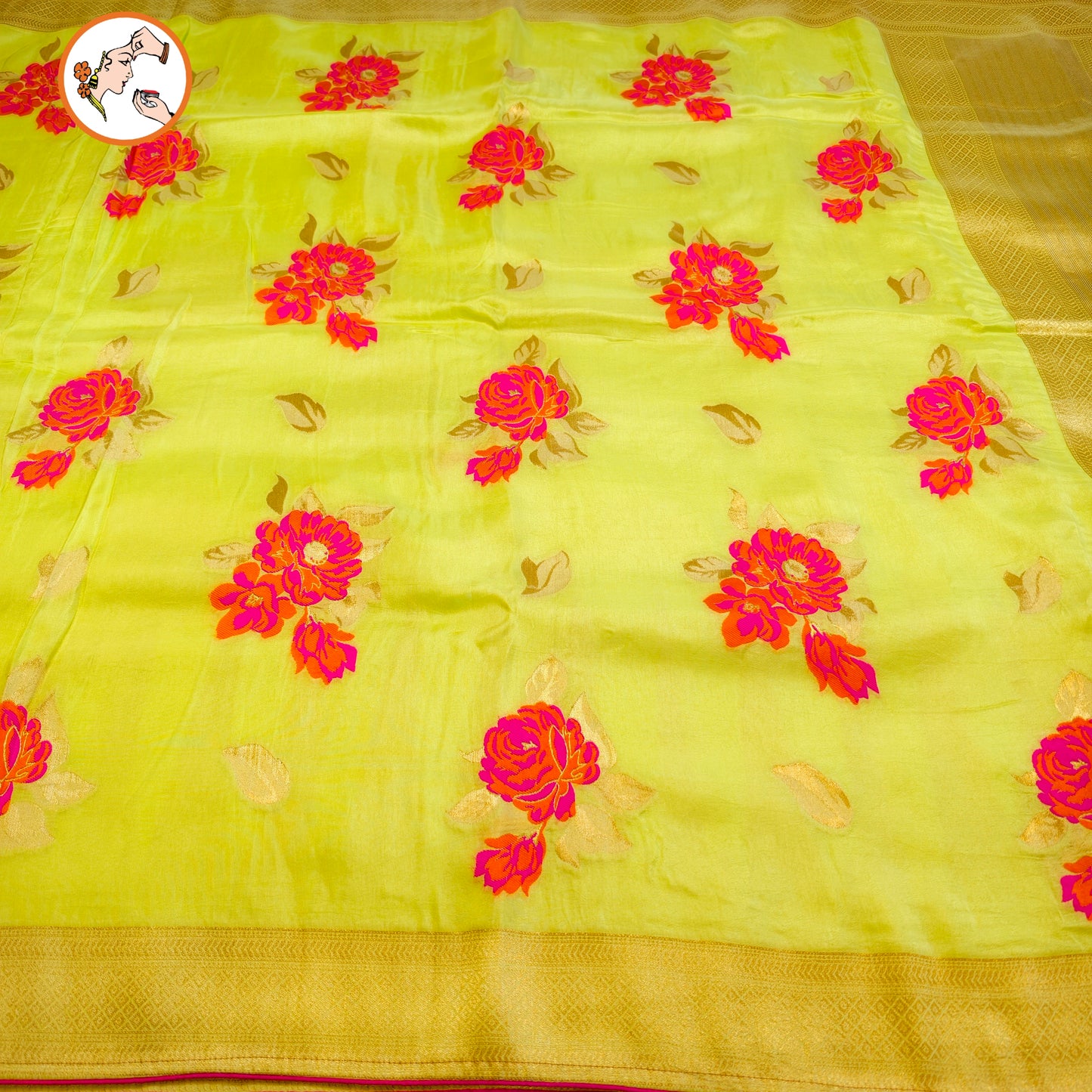 Lime Green floral Half Saree Banarasi Style Silk Designer Saree