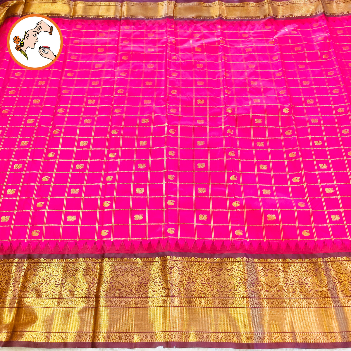 Dark Pink with Brown Temple border Gold zari weaving Traditional Kattam Mango butta Kanchipuram Mix Silk Saree