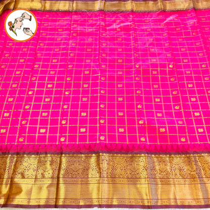 Dark Pink with Brown Temple border Gold zari weaving Traditional Kattam Mango butta Kanchipuram Mix Silk Saree