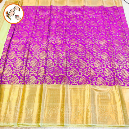 Purple with Pista Green border gold zari Meenakari weaving Kanchipuram Mix Silk Saree