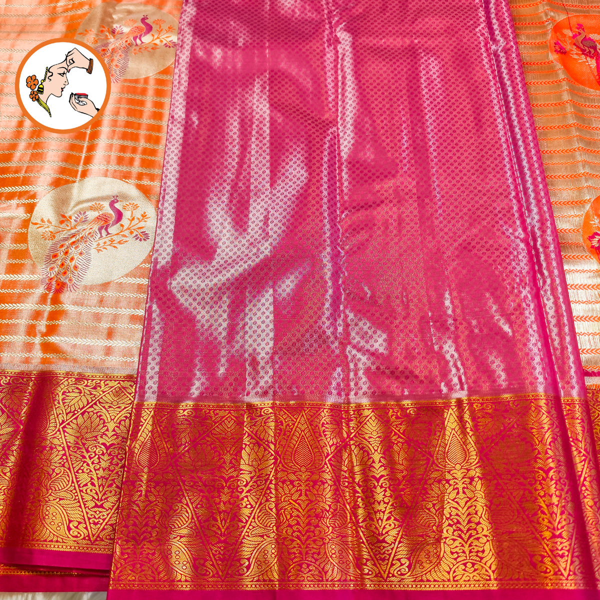 Peach with Magenta Pink border Peacock motif High Tissue Kanchipuram Silk Saree