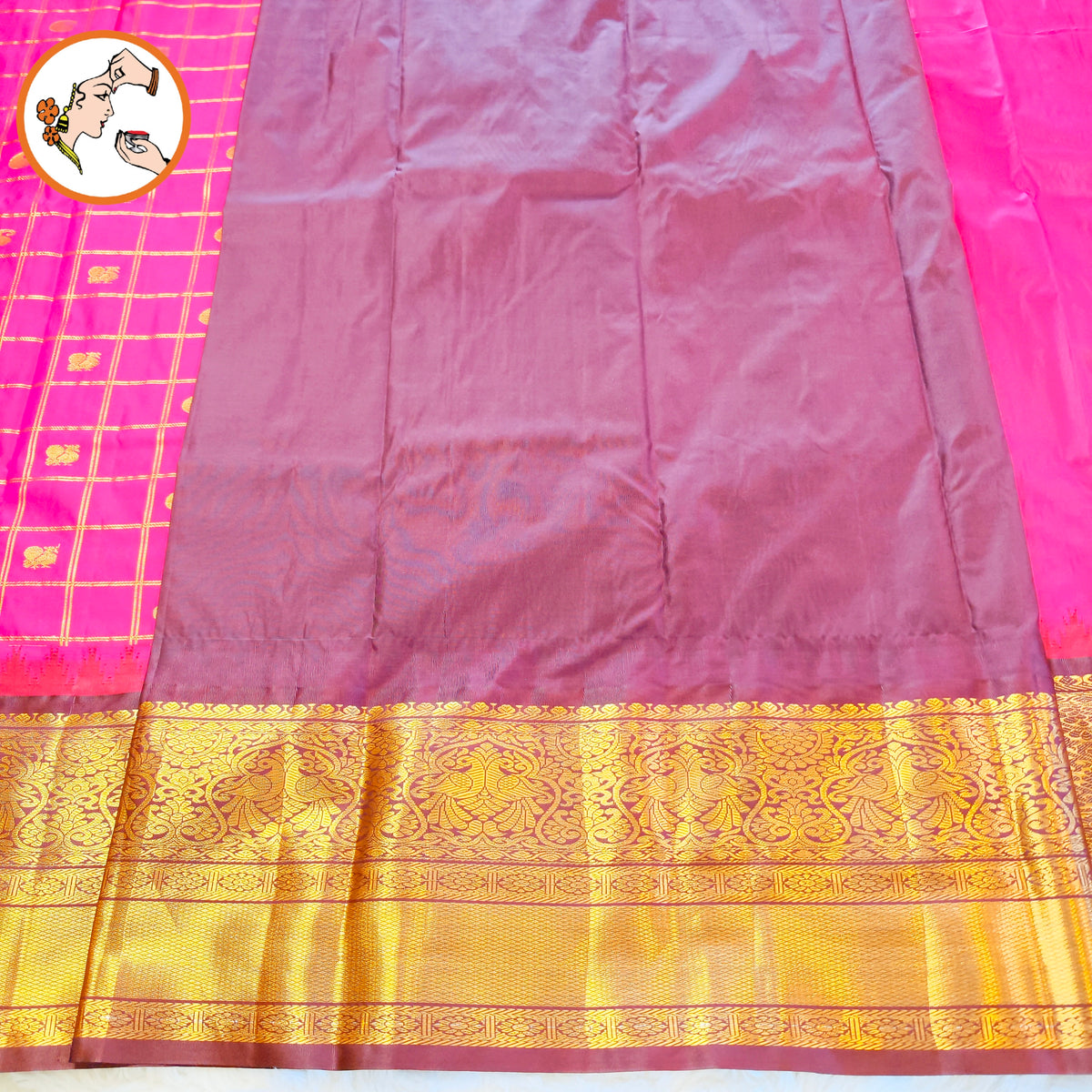 Dark Pink with Brown Temple border Gold zari weaving Traditional Kattam Mango butta Kanchipuram Mix Silk Saree