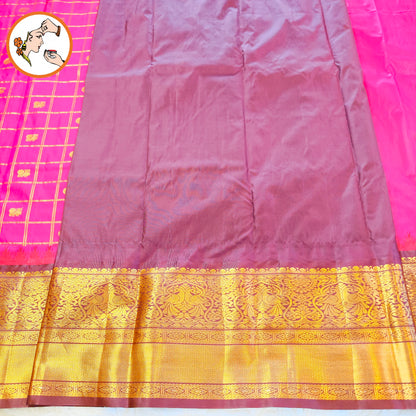 Dark Pink with Brown Temple border Gold zari weaving Traditional Kattam Mango butta Kanchipuram Mix Silk Saree