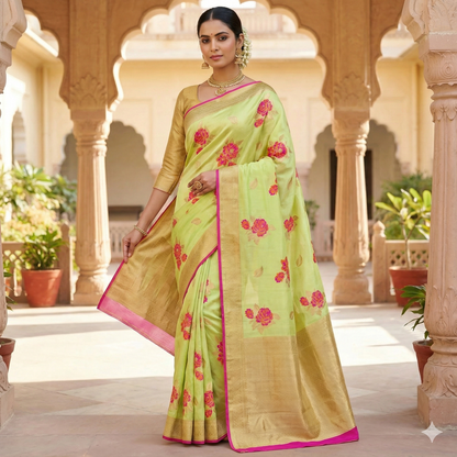 Lime Green floral Half Saree Banarasi Style Silk Designer Saree