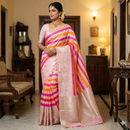 Light Pink multicolour stripes Fancy border Satin Banarasi Silk Partywear Saree