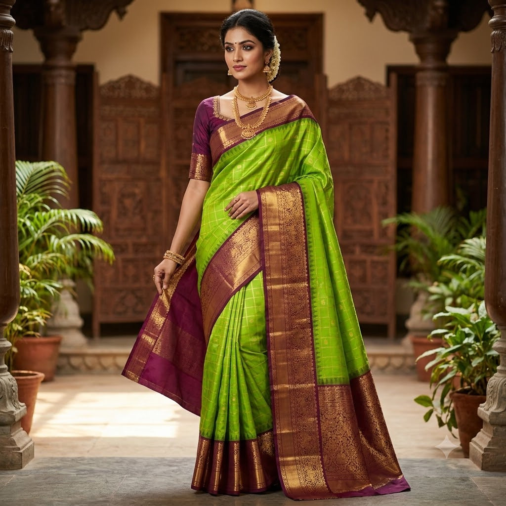 Parrot Green with Brown (Arakku) Temple border Gold zari weaving Traditional Kattam Mango butta Kanchipuram Mix Silk Saree
