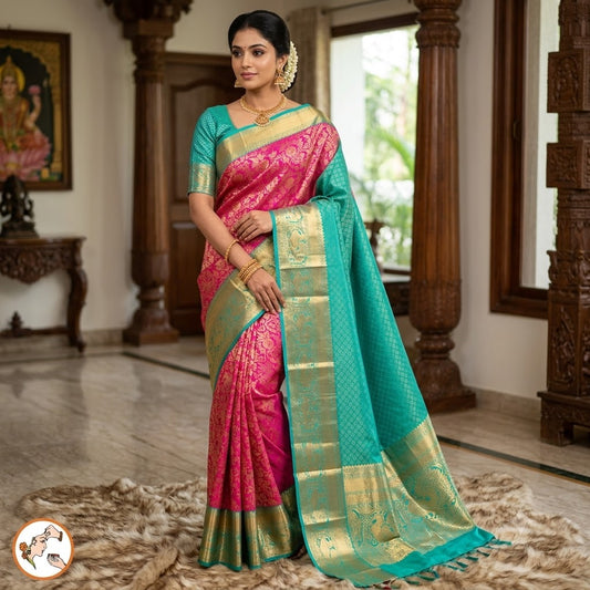 Magenta Pink with Emerald Green(Rama Green) gold zari Floral brocade work Kanchipuram Mix Silk Saree