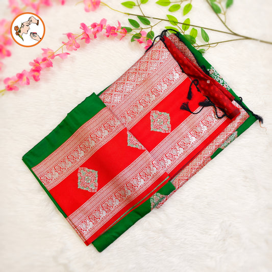 Green with Red border Soft Silk Saree