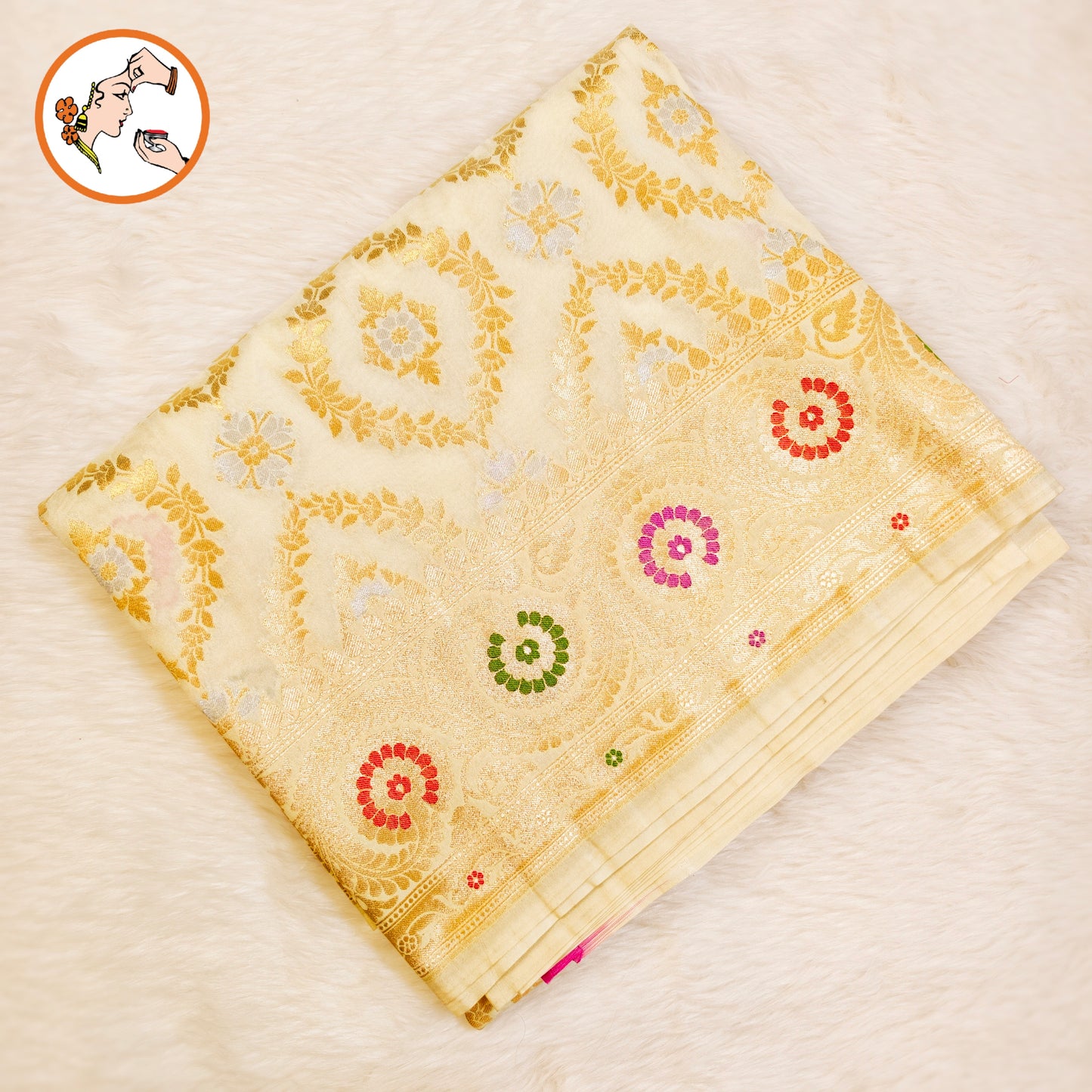 Off white Jaal design Meenakari work border Soft Banarasi Silk Partywear Saree