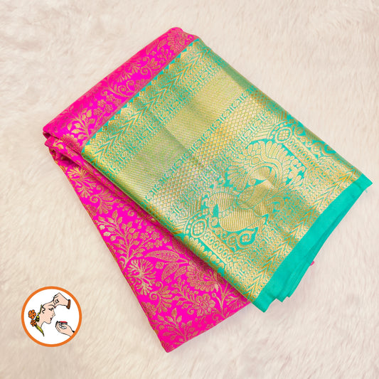 Magenta Pink with Emerald Green(Rama Green) gold zari Floral brocade work Kanchipuram Mix Silk Saree