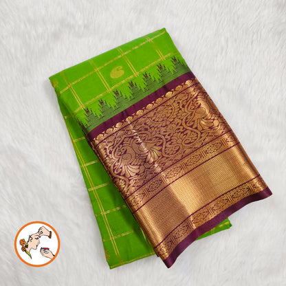 Parrot Green with Brown (Arakku) Temple border Gold zari weaving Traditional Kattam Mango butta Kanchipuram Mix Silk Saree