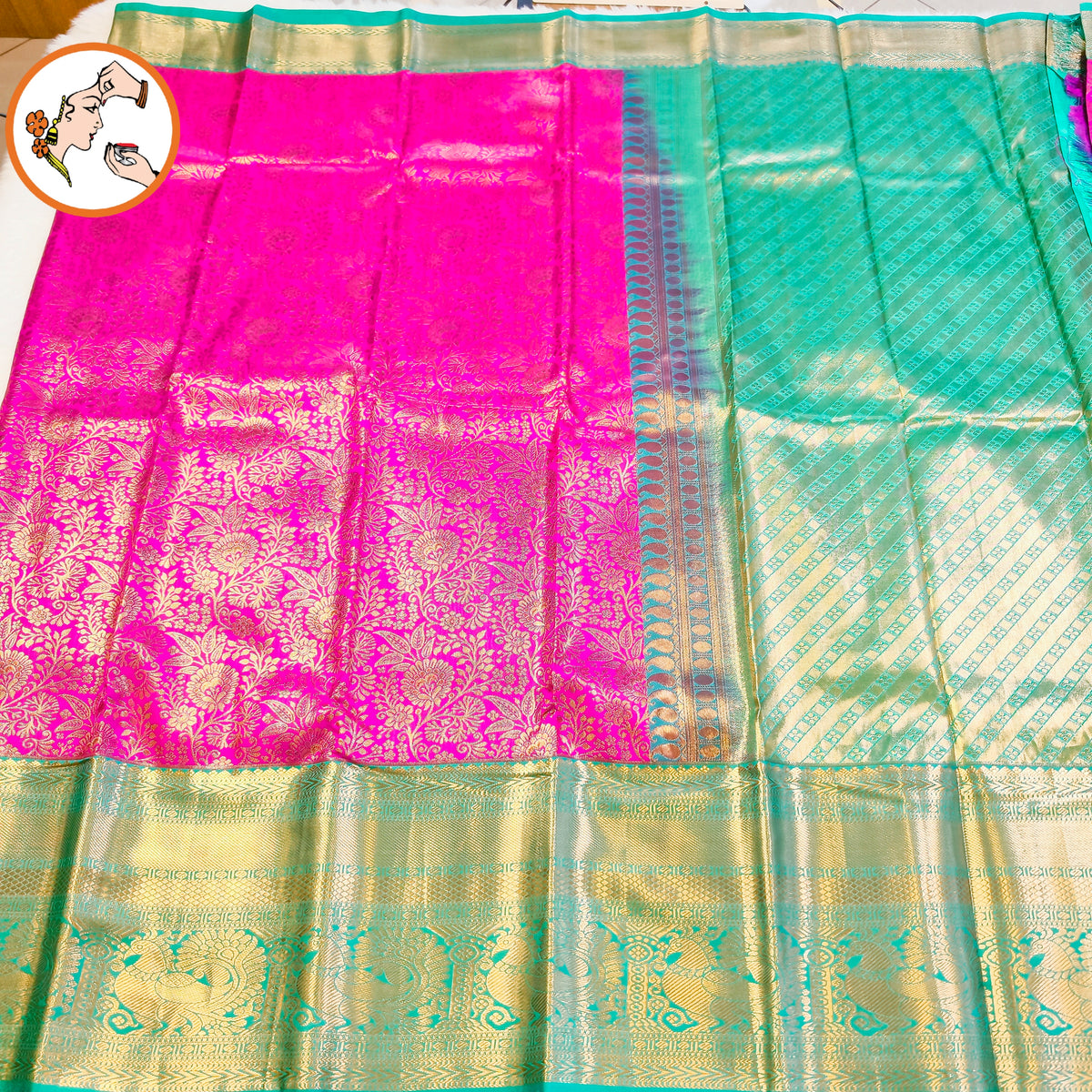 Magenta Pink with Emerald Green(Rama Green) gold zari Floral brocade work Kanchipuram Mix Silk Saree