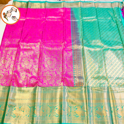 Magenta Pink with Emerald Green(Rama Green) gold zari Floral brocade work Kanchipuram Mix Silk Saree