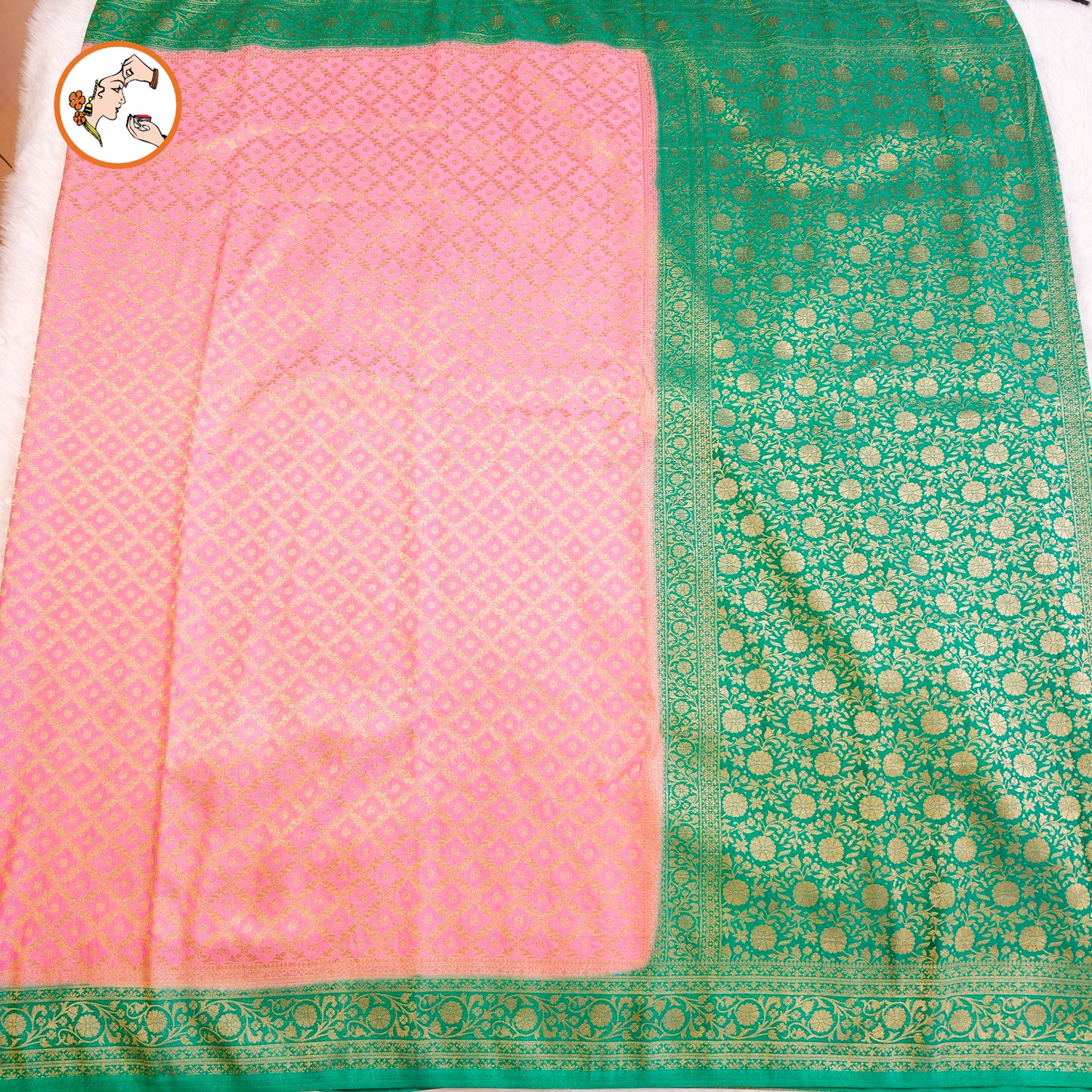 Pink with Green border Premium Banarasi Georgette Saree