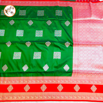 Green with Red border Soft Silk Saree