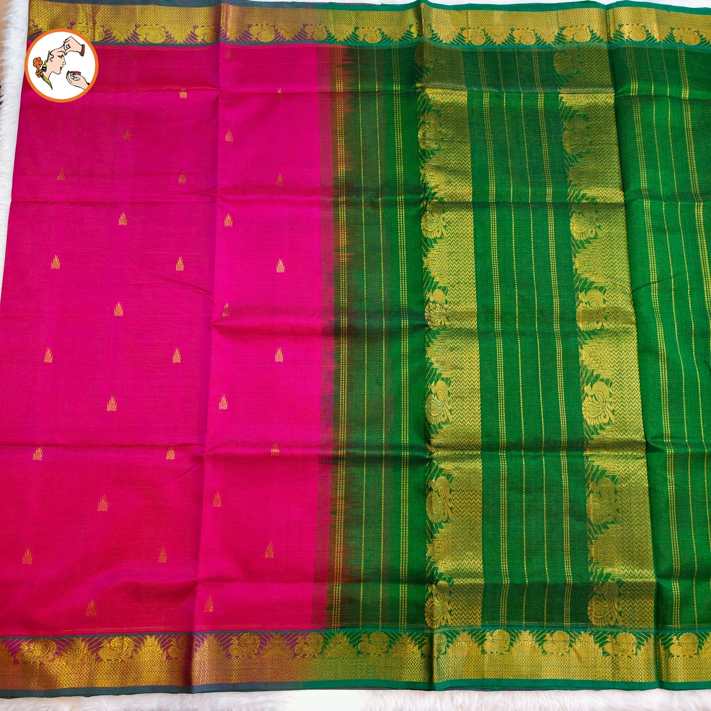 Pink with Green Traditional Vairoosi Pure Silk Cotton Saree