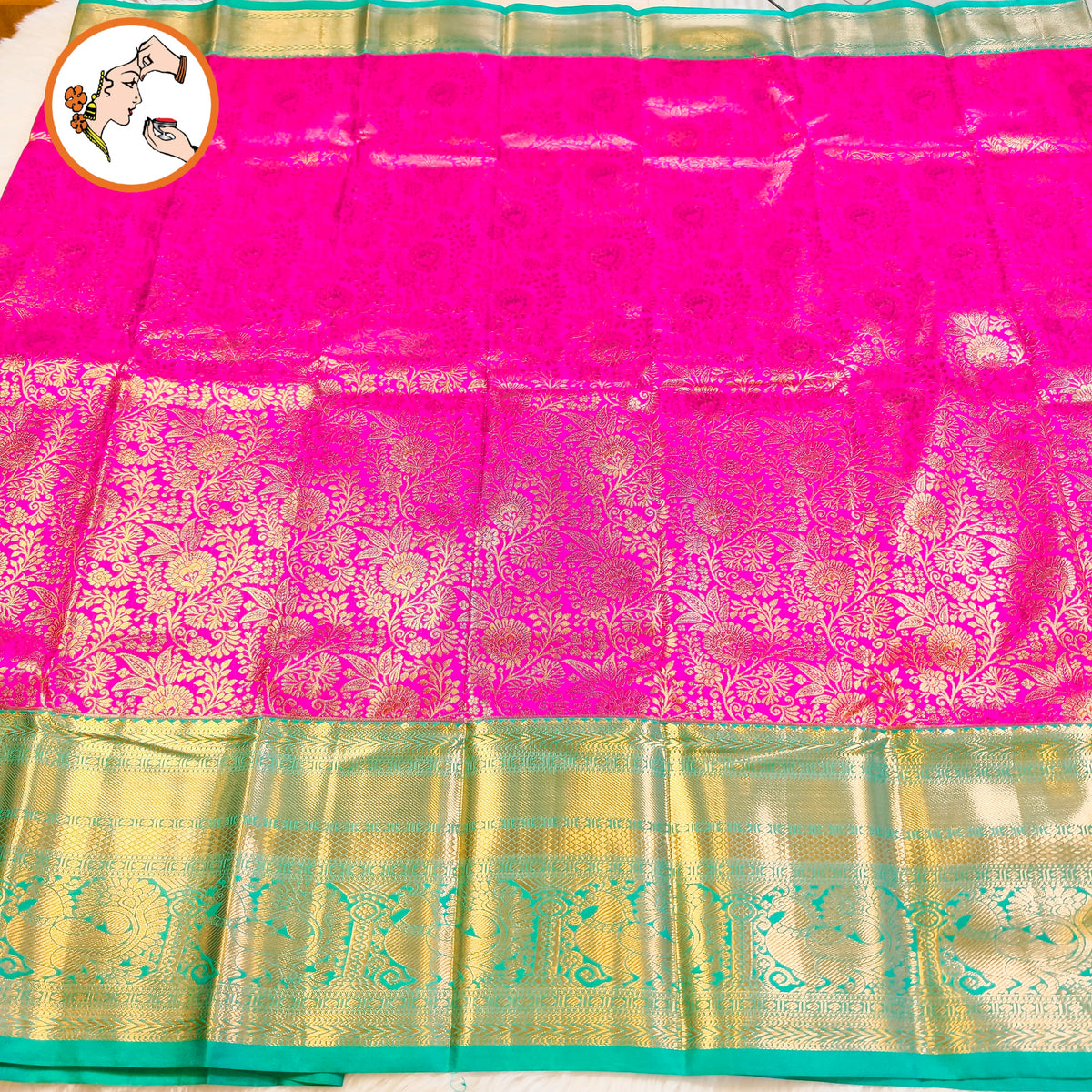 Magenta Pink with Emerald Green(Rama Green) gold zari Floral brocade work Kanchipuram Mix Silk Saree