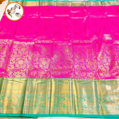 Magenta Pink with Emerald Green(Rama Green) gold zari Floral brocade work Kanchipuram Mix Silk Saree