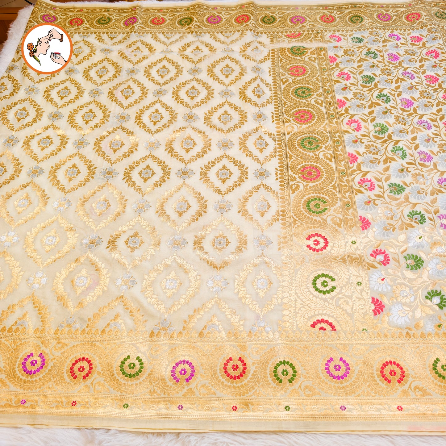 Off white Jaal design Meenakari work border Soft Banarasi Silk Partywear Saree