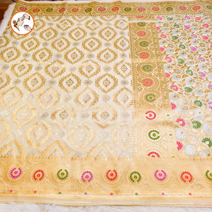 Off white Jaal design Meenakari work border Soft Banarasi Silk Partywear Saree