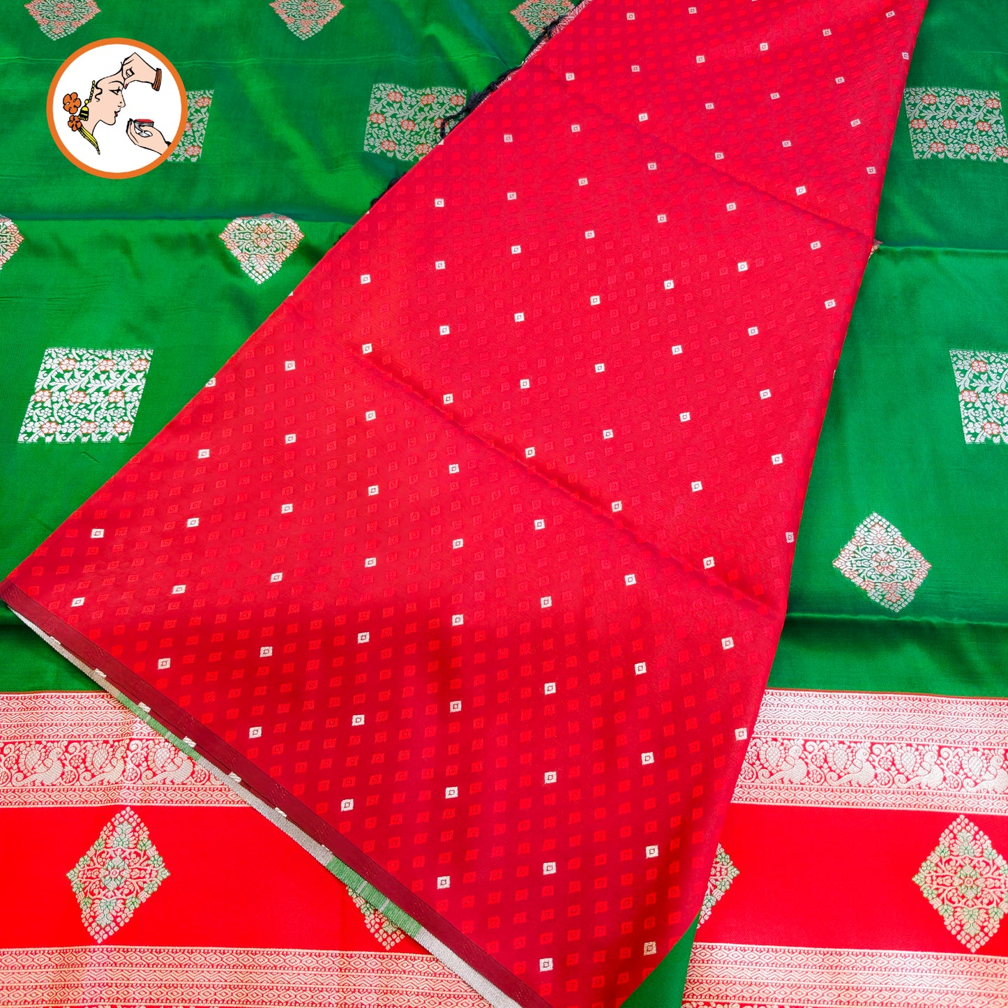 Green with Red border Soft Silk Saree
