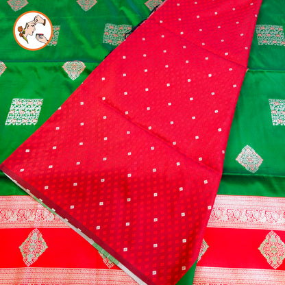 Green with Red border Soft Silk Saree