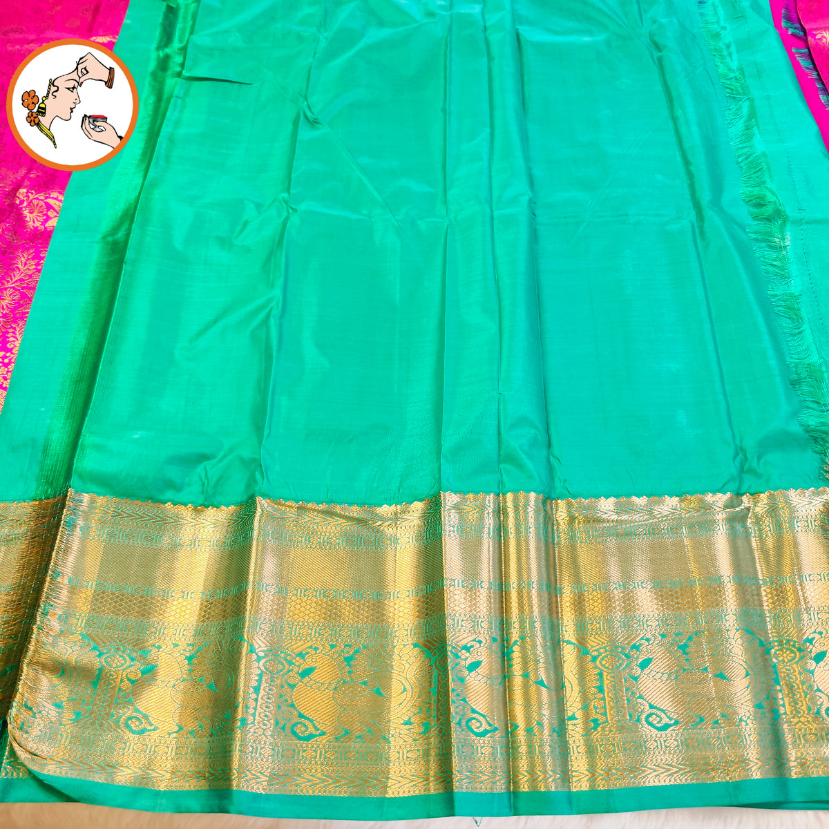 Magenta Pink with Emerald Green(Rama Green) gold zari Floral brocade work Kanchipuram Mix Silk Saree