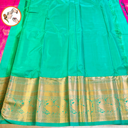 Magenta Pink with Emerald Green(Rama Green) gold zari Floral brocade work Kanchipuram Mix Silk Saree
