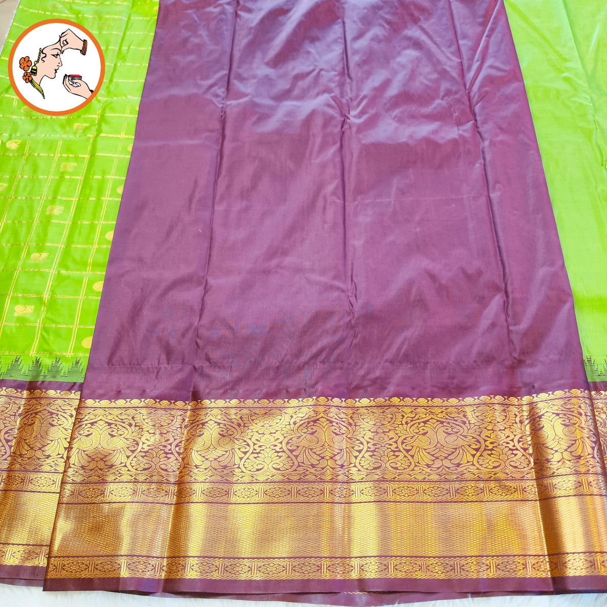 Parrot Green with Brown (Arakku) Temple border Gold zari weaving Traditional Kattam Mango butta Kanchipuram Mix Silk Saree