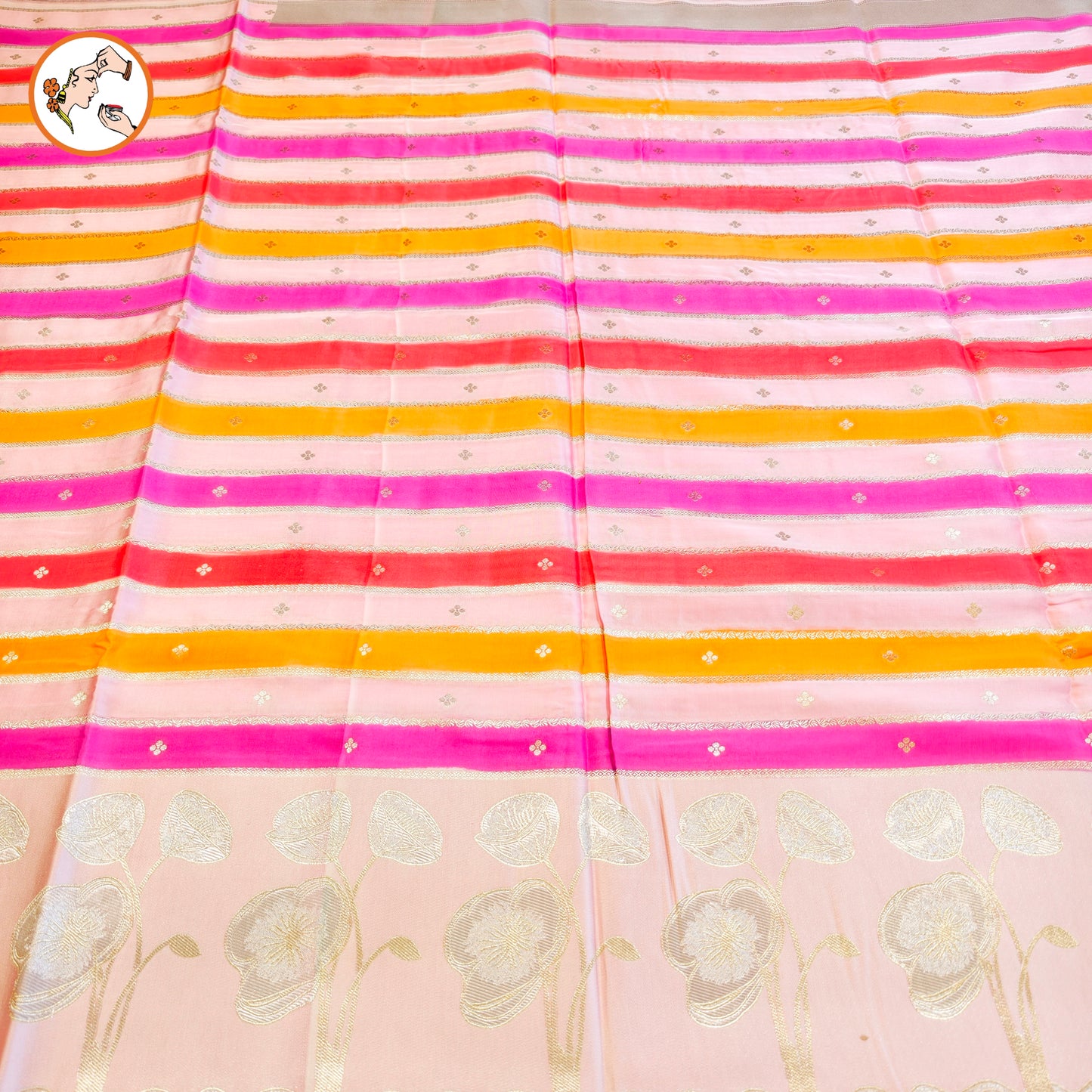Light Pink multicolour stripes Fancy border Satin Banarasi Silk Partywear Saree