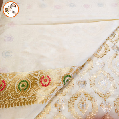 Off white Jaal design Meenakari work border Soft Banarasi Silk Partywear Saree