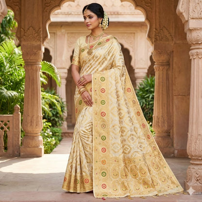 Off white Jaal design Meenakari work border Soft Banarasi Silk Partywear Saree