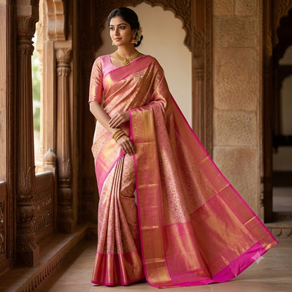Lotus Pink Kanchipuram Mix High Tissue Bridal Silk Saree