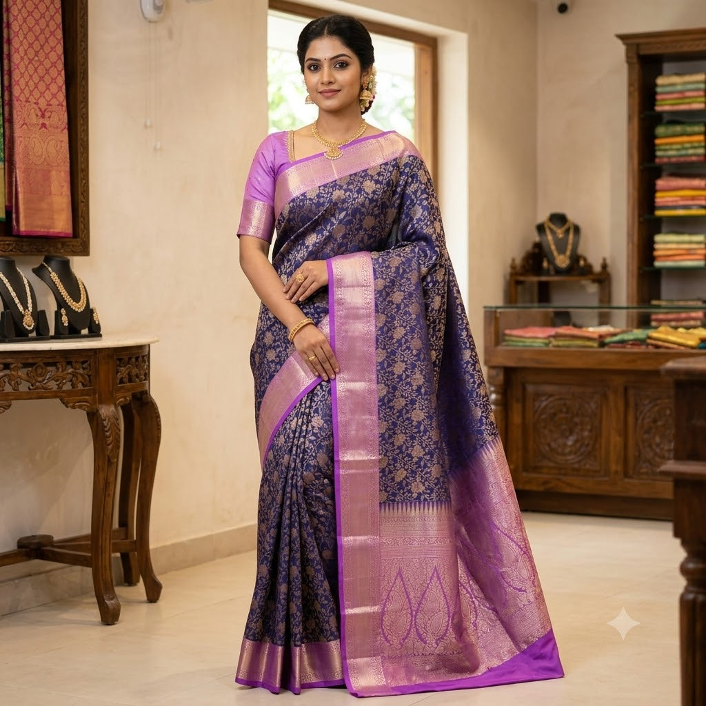 Blue with Lavender Floral weaving Antique Gold zari kanchipuram Mix Silk Saree