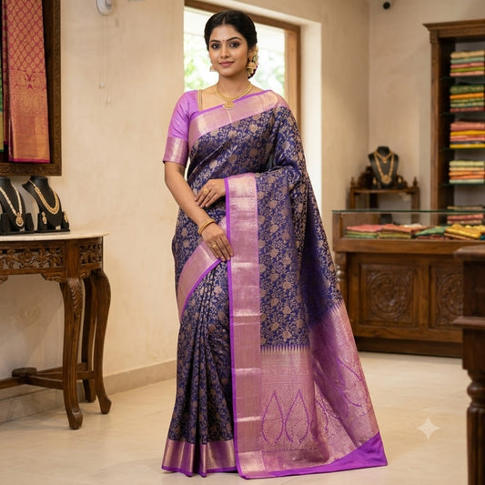 Blue with Lavender Floral weaving Antique Gold zari kanchipuram Mix Silk Saree