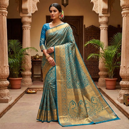 Teal Blue (Peacock Blue) Brocade Gold zari Floral weaving Kanchipuram Bridal Mix Silk Saree