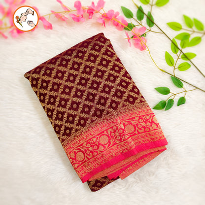 Maroon with Pink border Premium Banarasi Georgette Saree
