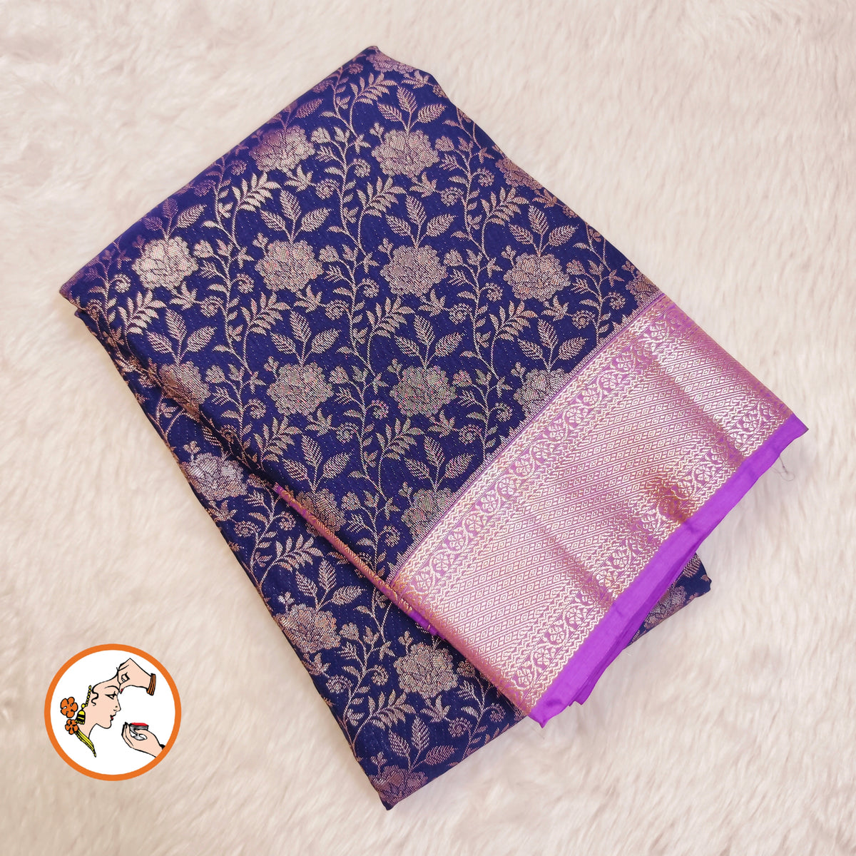 Blue with Lavender Floral weaving Antique Gold zari kanchipuram Mix Silk Saree