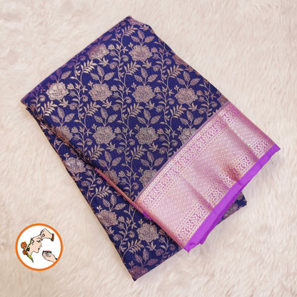 Blue with Lavender Floral weaving Antique Gold zari kanchipuram Mix Silk Saree