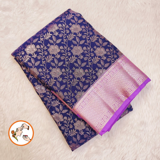 Blue with Lavender Floral weaving Antique Gold zari kanchipuram Mix Silk Saree