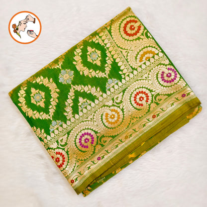 Mehendi Green Jaal design Meenakari work border Soft Banarasi Silk Partywear Saree