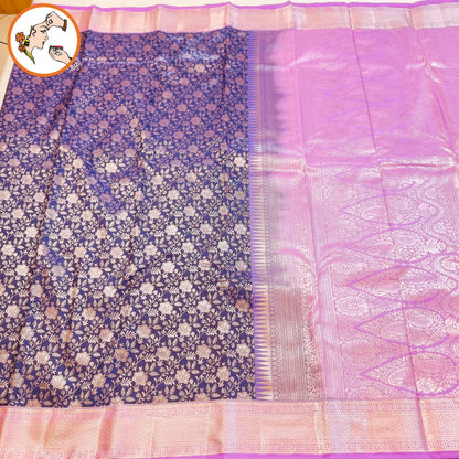 Blue with Lavender Floral weaving Antique Gold zari kanchipuram Mix Silk Saree