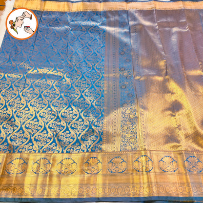 Teal Blue (Peacock Blue) Brocade Gold zari Floral weaving Kanchipuram Bridal Mix Silk Saree