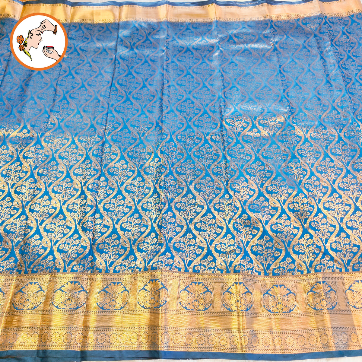 Teal Blue (Peacock Blue) Brocade Gold zari Floral weaving Kanchipuram Bridal Mix Silk Saree