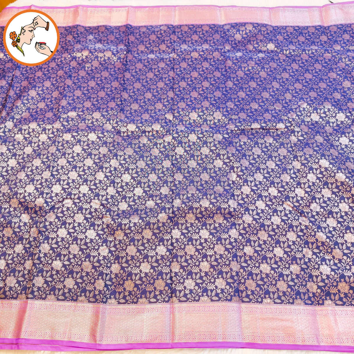 Blue with Lavender Floral weaving Antique Gold zari kanchipuram Mix Silk Saree